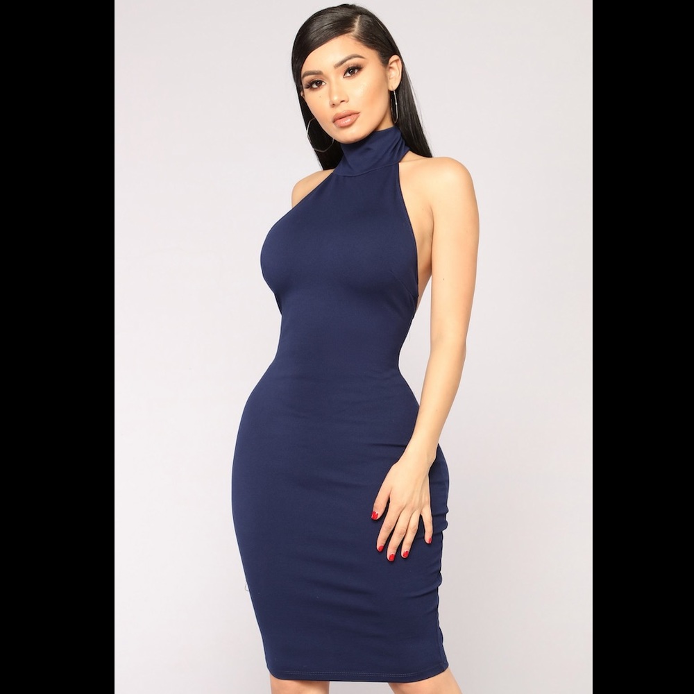 Fashion Nova Woman’s Dress Midi Halter Neck Navy